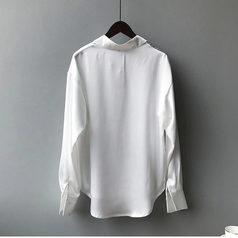 Spring Fashion Button Up Satin Silk Shirt Vintage Blouse Women White Tops Lady Long Sleeves Female Loose Street Shirts 11355