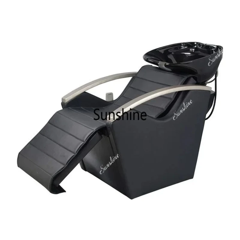 Electric Vibration Massage Shampoo Chair with Basin Backwash Unit PU Synthetic Leather Salon Furniture 200x70x80cm Beige