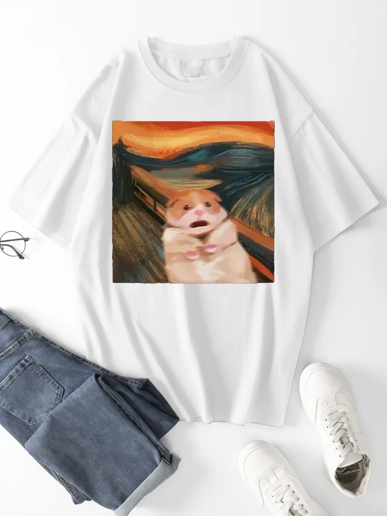 Summer Funny Screaming Hamster Graphic Print Creative Top Casual Short Sleeve Crew Neck T-shirt Clothing for Women Clothing