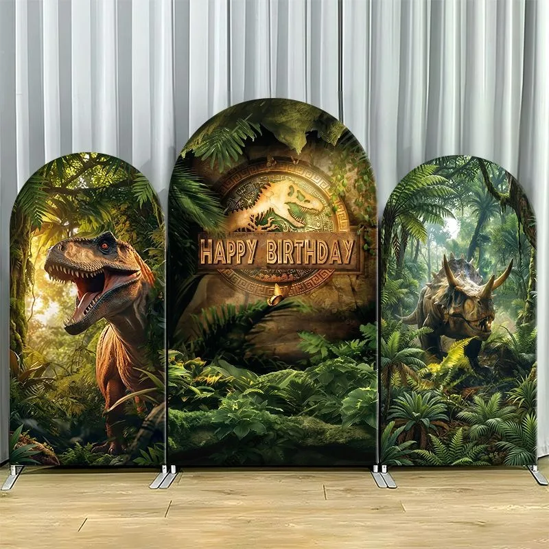 Housse de toile de fond arquée simple face sur le thème Jurassic pour fête d'anniversaire, avec T-Rex, Triceratops et verdure tropicale