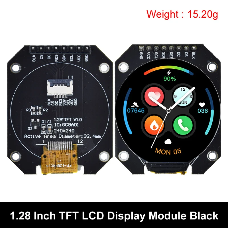 DIYTZT Display 1,28 inch TFT LCD-displaymodule Ronde RGB 240 * 240 GC9A01 Driver 4-draads SPI-interface 240x240 PCB voor Arduino