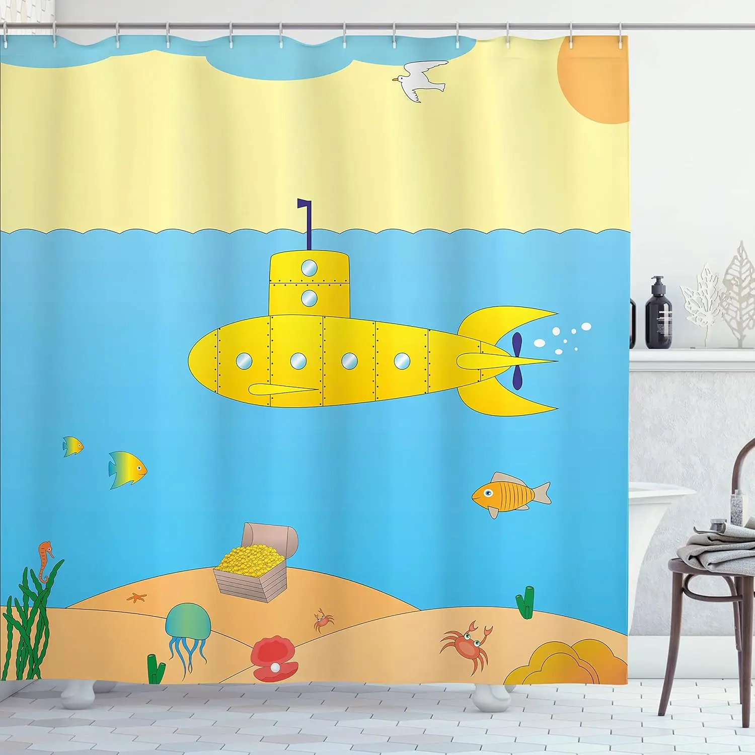 Yellow Submarine Shower Curtain, Cartoon Under Sea Adventure Jellyfish Treasure Chest Seagull Fish, Cloth Fabric Bathroom Decor