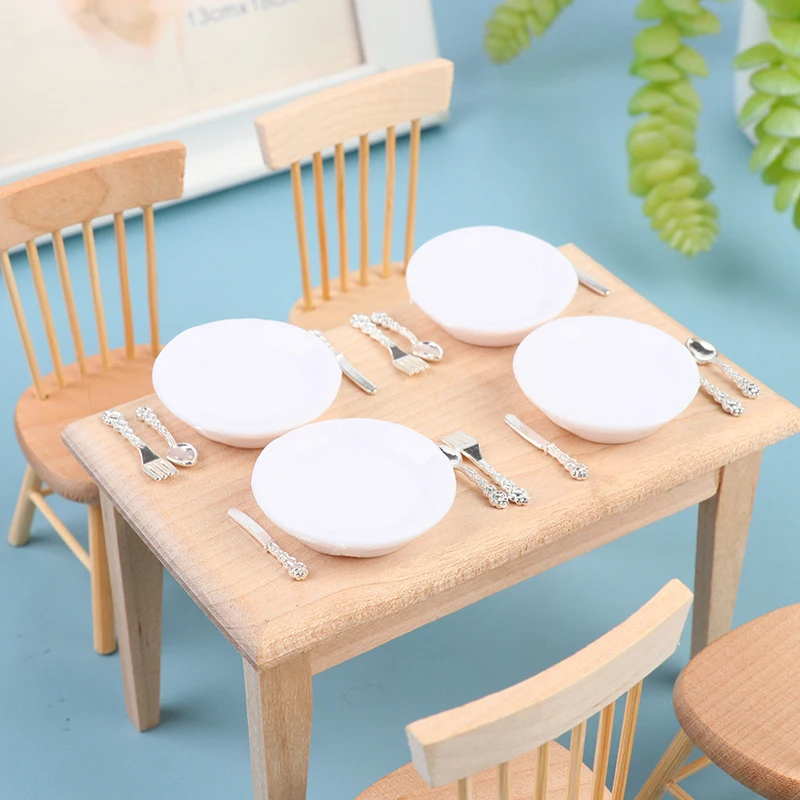 4 Sets 1:12 Dollhouse simulation Miniature Plate Knife Fork Spoon Set Doll Kitchen Tableware Decor