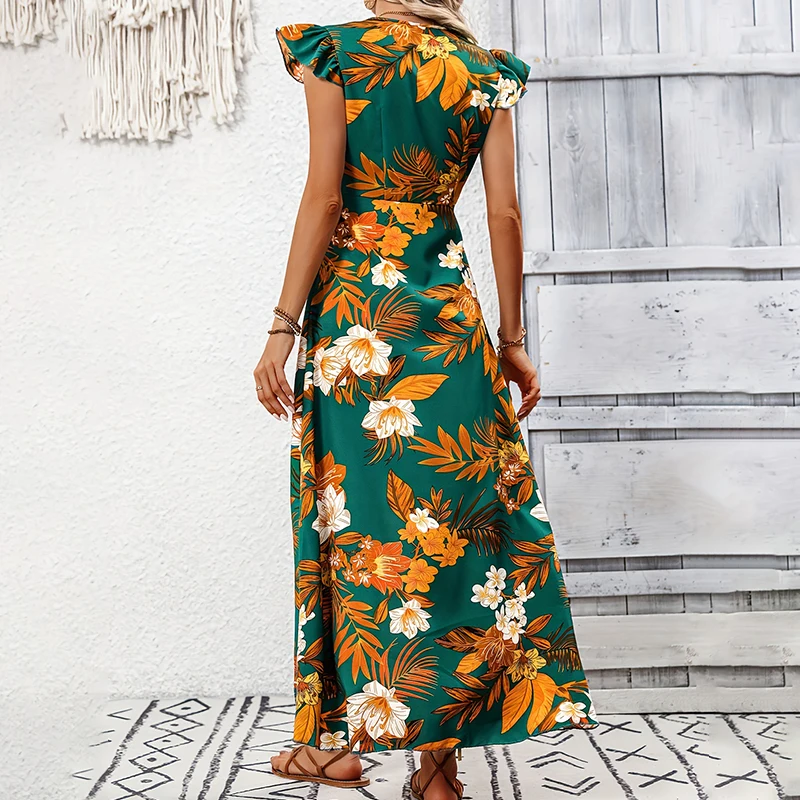 Bohemian Printed Flying Sleeve Dress Women 2025 Sexy V-Neck Split Waist Tight Slim Long Vestidos Beach Holiday Female Long Robe