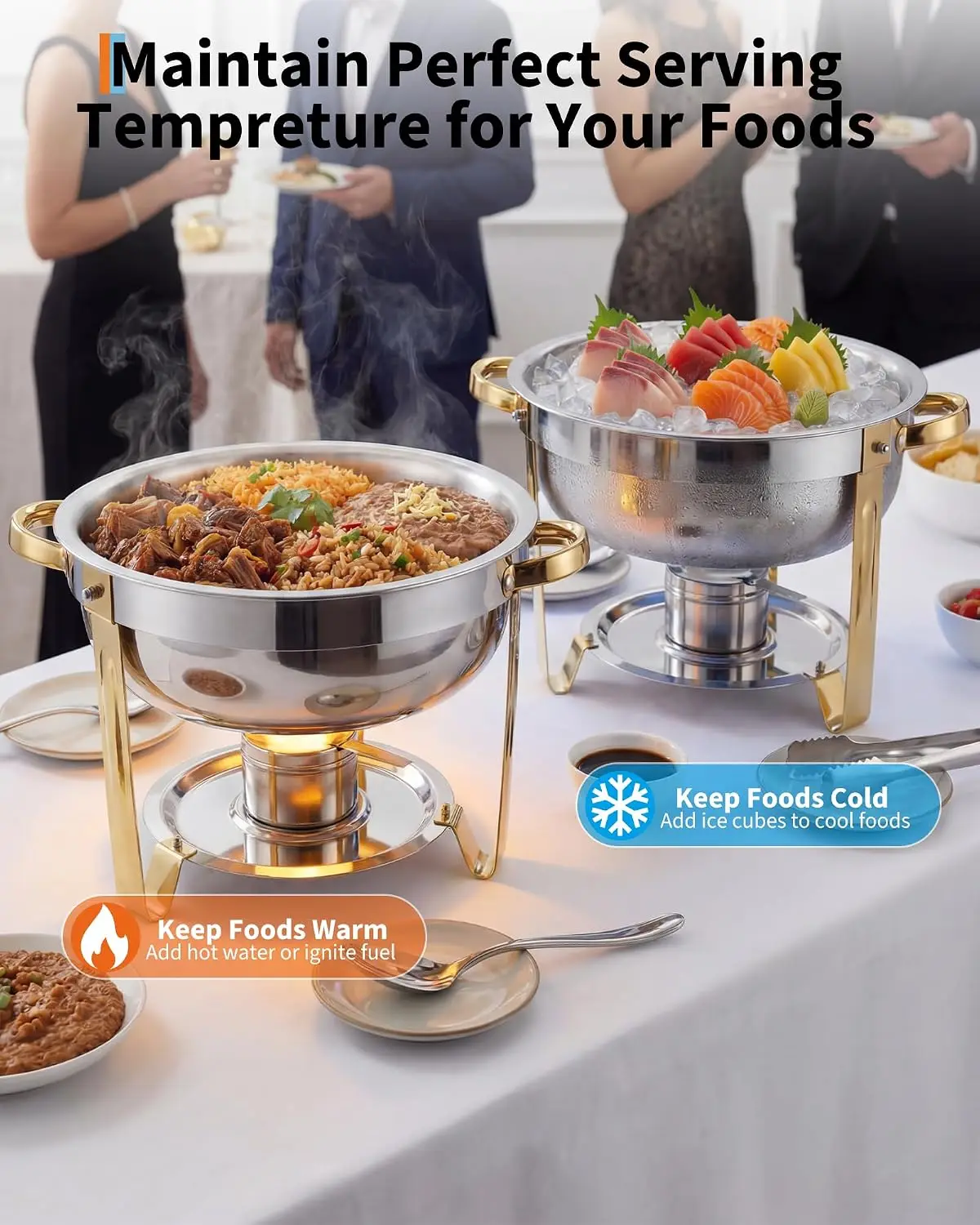 Tacleekii 2 4 Pack Chafing Dishes for Buffet 5QT Stainless Steel Food Warmer Set with Chafer Fuel Holders Round Gold Chafing Dish Set for Catering Party Wedding Buffet Large Occasion