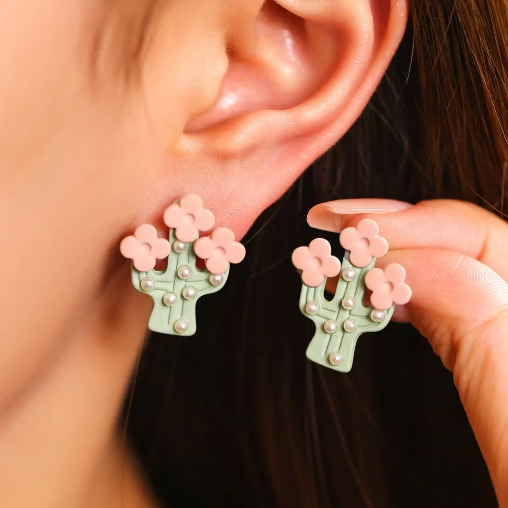 

Cartoon Green Plants, Cactus Flowers, Cool Green Series Earrings Little Cute Accessories
