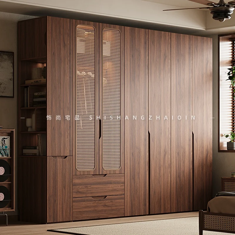 Medieval rattan door wardrobe, high-end handle-free door to the top, modern simple wardrobe, storage cabinet