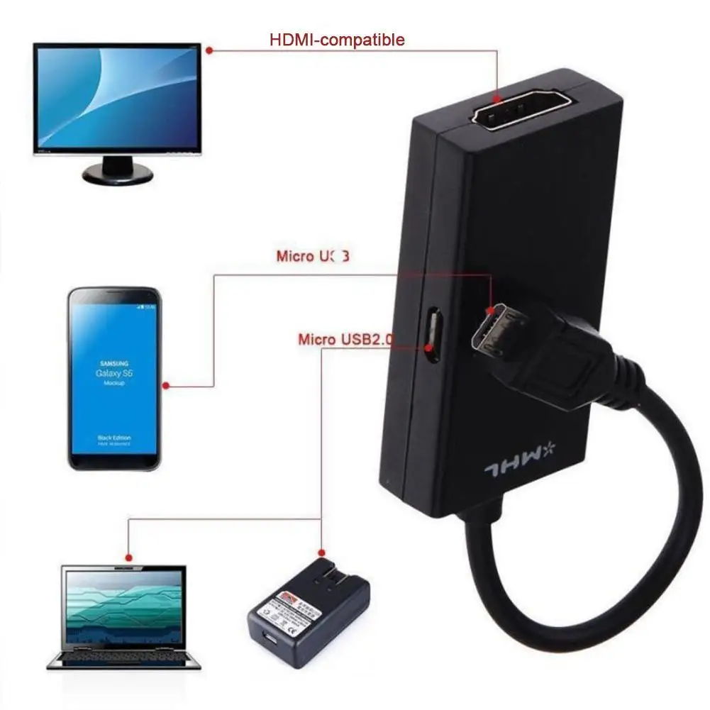 Micro USB 2.0 MHL To HDMI-compatible Adapter Cable HD 1080P Conversion Cable 5-pin Port Plug-and-play for Samsung Galaxy