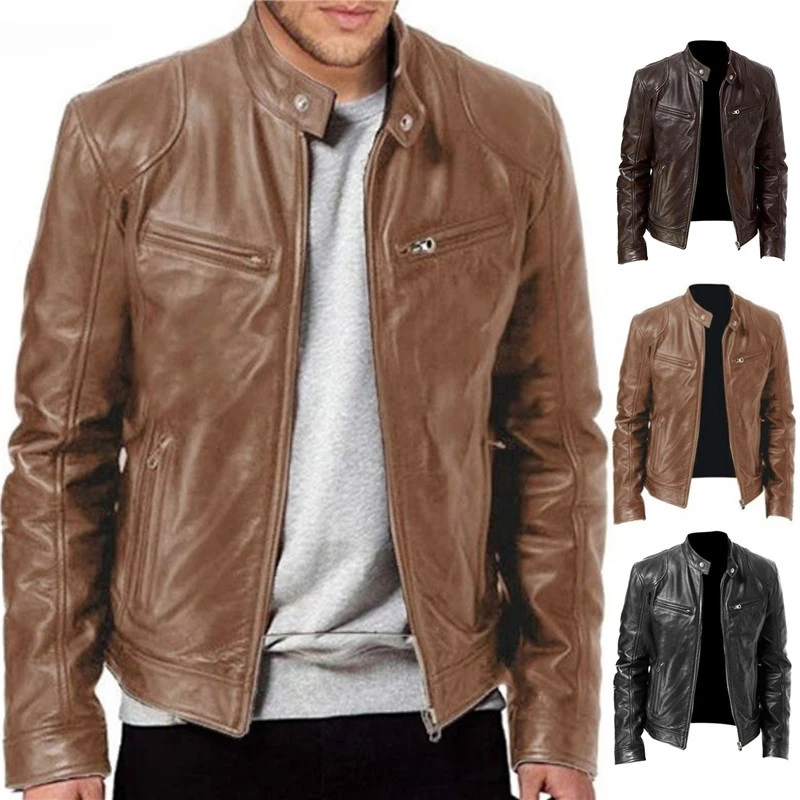 

Mens Fashion Leather Jacket Slim Fit Stand Collar PU Jacket Male Anti-wind Motorcycle Lapel Diagonal Zipper Jackets Men