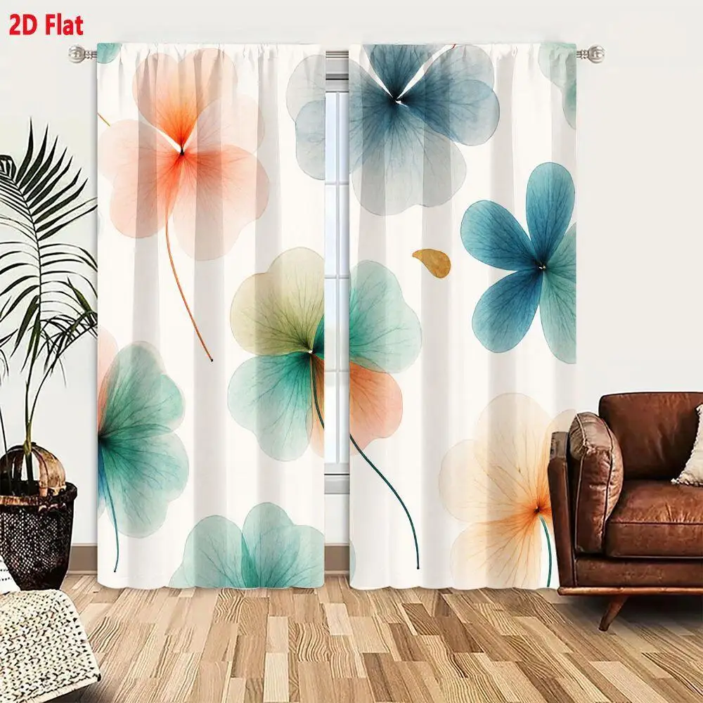 2pcs Abstract Watercolor Floral Curtain Pair Blue Green Orange Leaf Print Drapes for Modern Bohemian Home Decor Window Curtains
