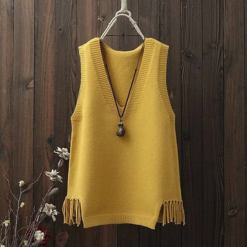 2024 New Autumn V-neck Vest Women\'s Short Women\'s Knitted Tassel Vest Casual Sweater Base Shirt Trendy Knitted Jacket