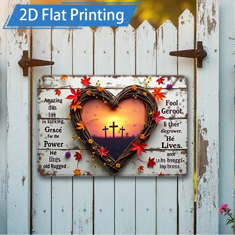 [2D FLAT] 1 قطعة علامة معدنية ، 8x12 بوصة ريفي القلب الصليب علامة معدنية 2D الطباعة المسطحة المسيحية جدار ديكور فني لحديقة المنزل