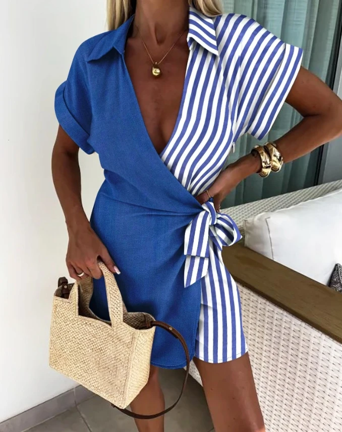 

Women's Romper Fashion 2024 Summer Casual Vacation Striped Patchwork Tied Detail Turn-down Collar Short Sleeve Overlap Romper