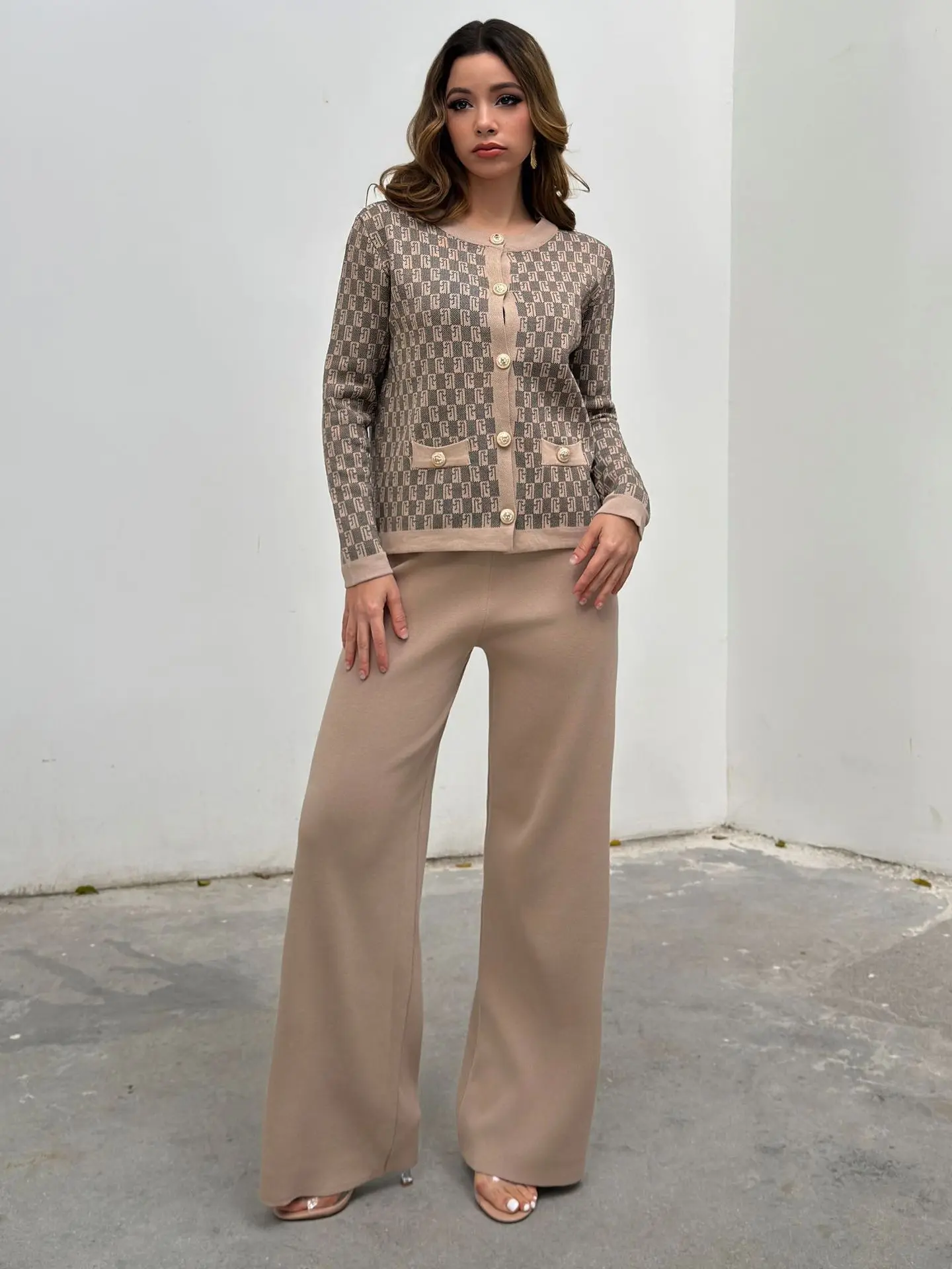 

Knitted Sweater And Wide Leg Pants Set with Embroidery Slimming Effect Lady's Faionable Two-Piece Suit High Waist Long Sve