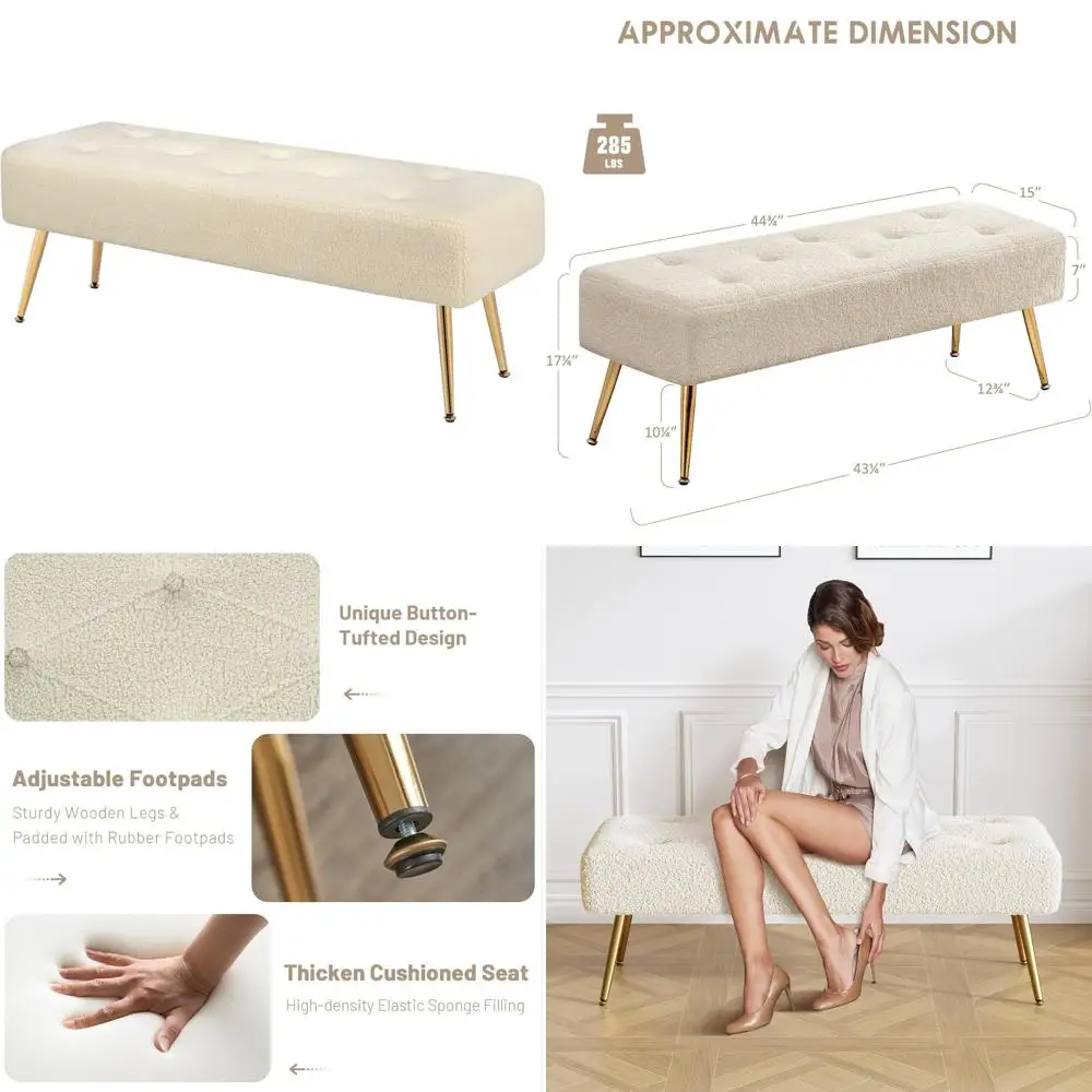 Banc ottoman moderne en fausse fourrure de 44 pouces avec cadre en métal doré pour entrée, salon, confort rembourré