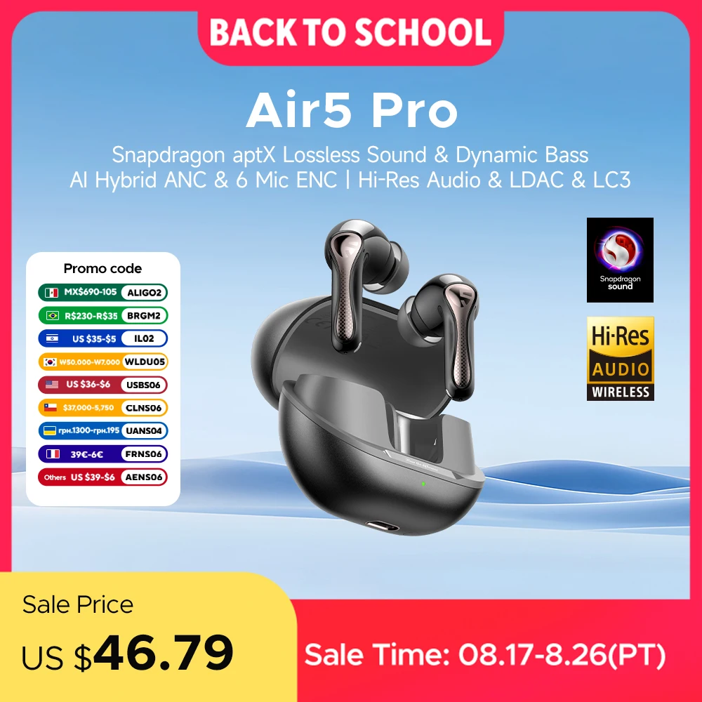 SOUNDPEATS Air5 Pro Wireless Earphones 55 dB Adaptive Hybrid ANC Bluetooth 5.4 Earbuds, Hi-Res LDAC AptX Lossless,6 Mics AI ENC