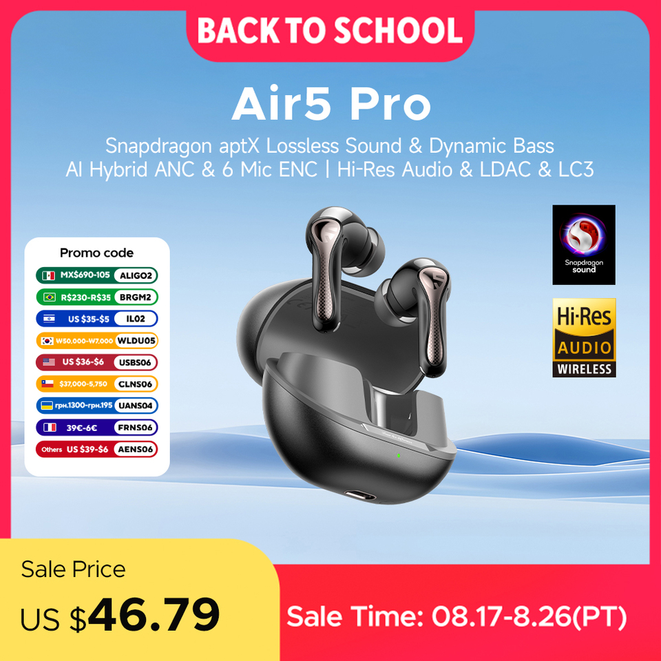  SOUNDPEATS Air5 Pro Wireless Earphones 55 dB Adaptive Hybrid ANC Bluetooth 5.4 Earbuds, Hi-Res LDAC AptX Lossless,6 Mics AI ENC 