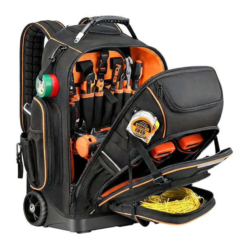 Wheeled Industrial Rolling Kit with USB Port Lock, Molded Base, Heavy Tool Backpack for Electricians, Plumbers