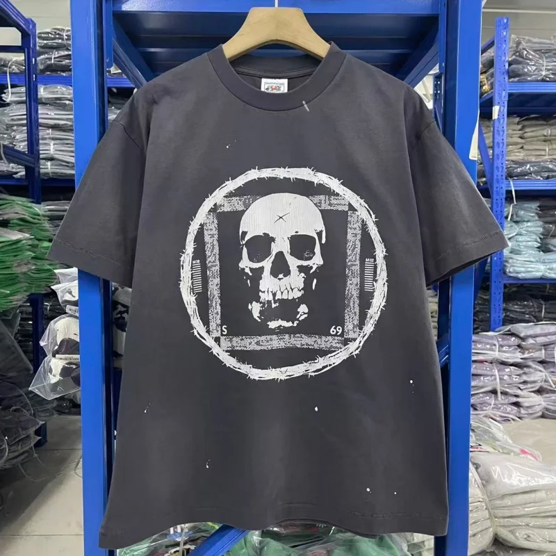 Punk Oversized Men Cotton T-Shirt Saint Circle Skull Back Gothic Graphic Tee