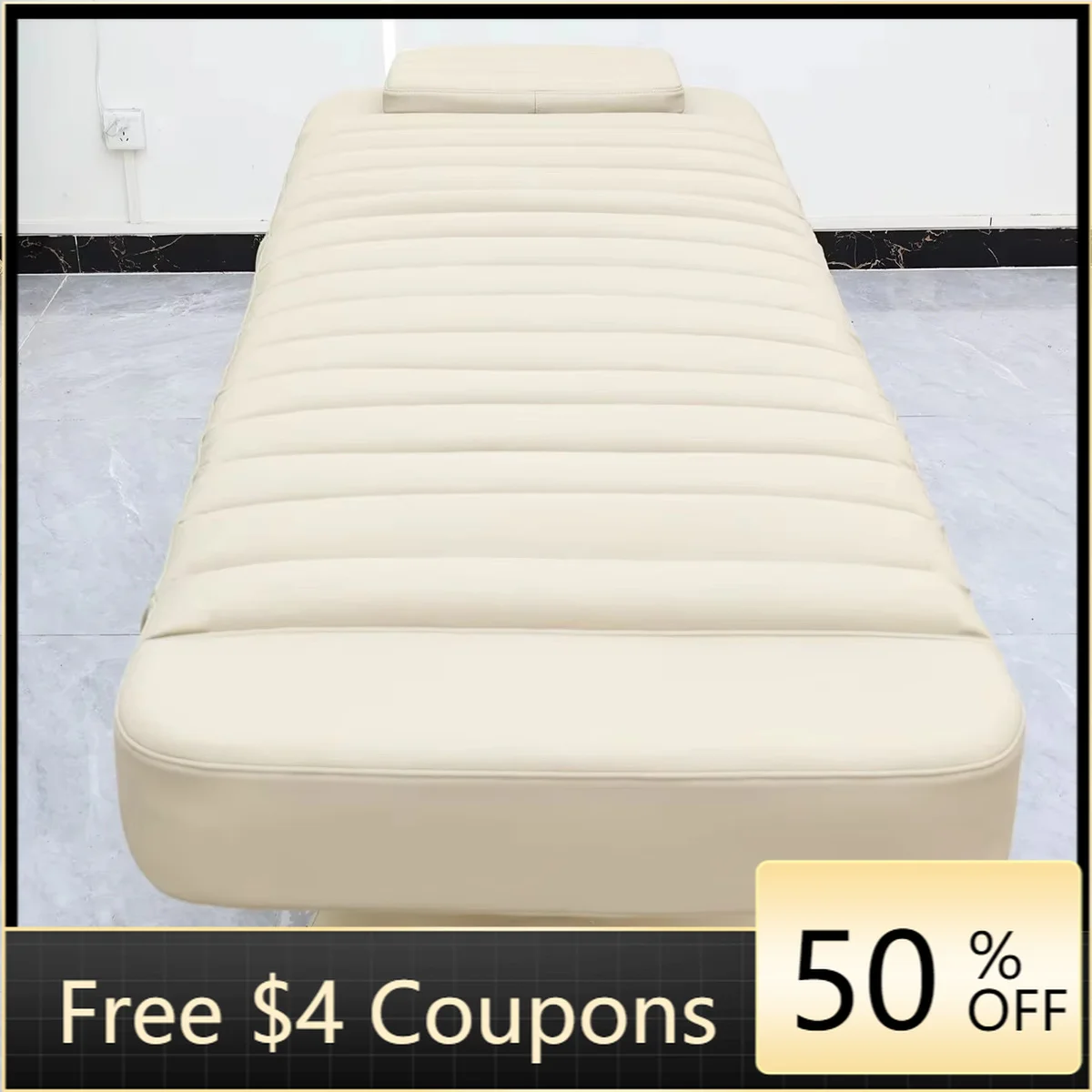 Electric Facial Massage Chair Beige PU Striped Cushion Single Column Lift Reclining Beauty Bed for Tattoo Spa Aesthetic Clinic
