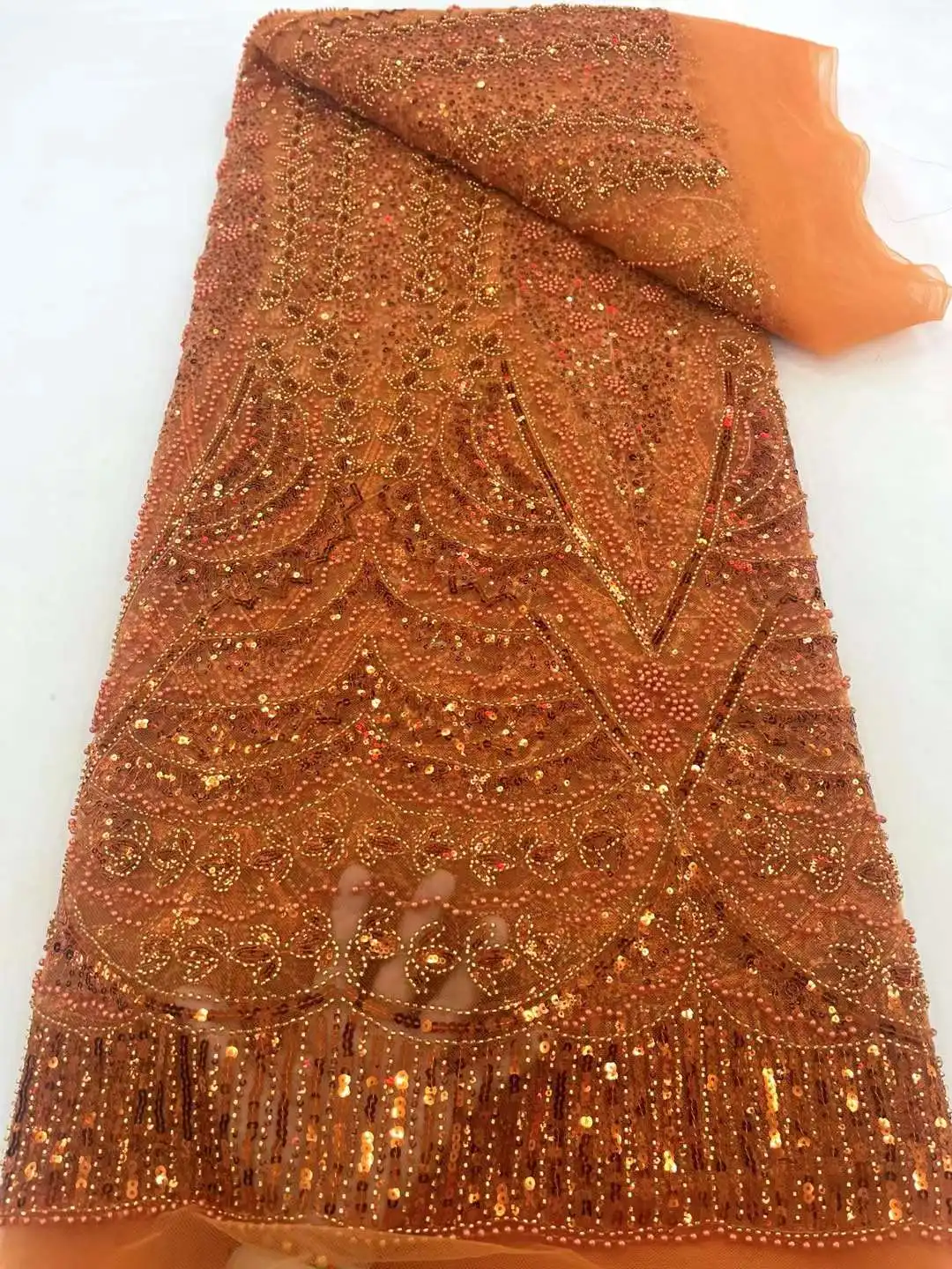 

African Mesh Fabrics Materials Embroidery Tulle For Women Clothes Party Dresses 5Yard Orange Sequins Beaded Lace Fabric