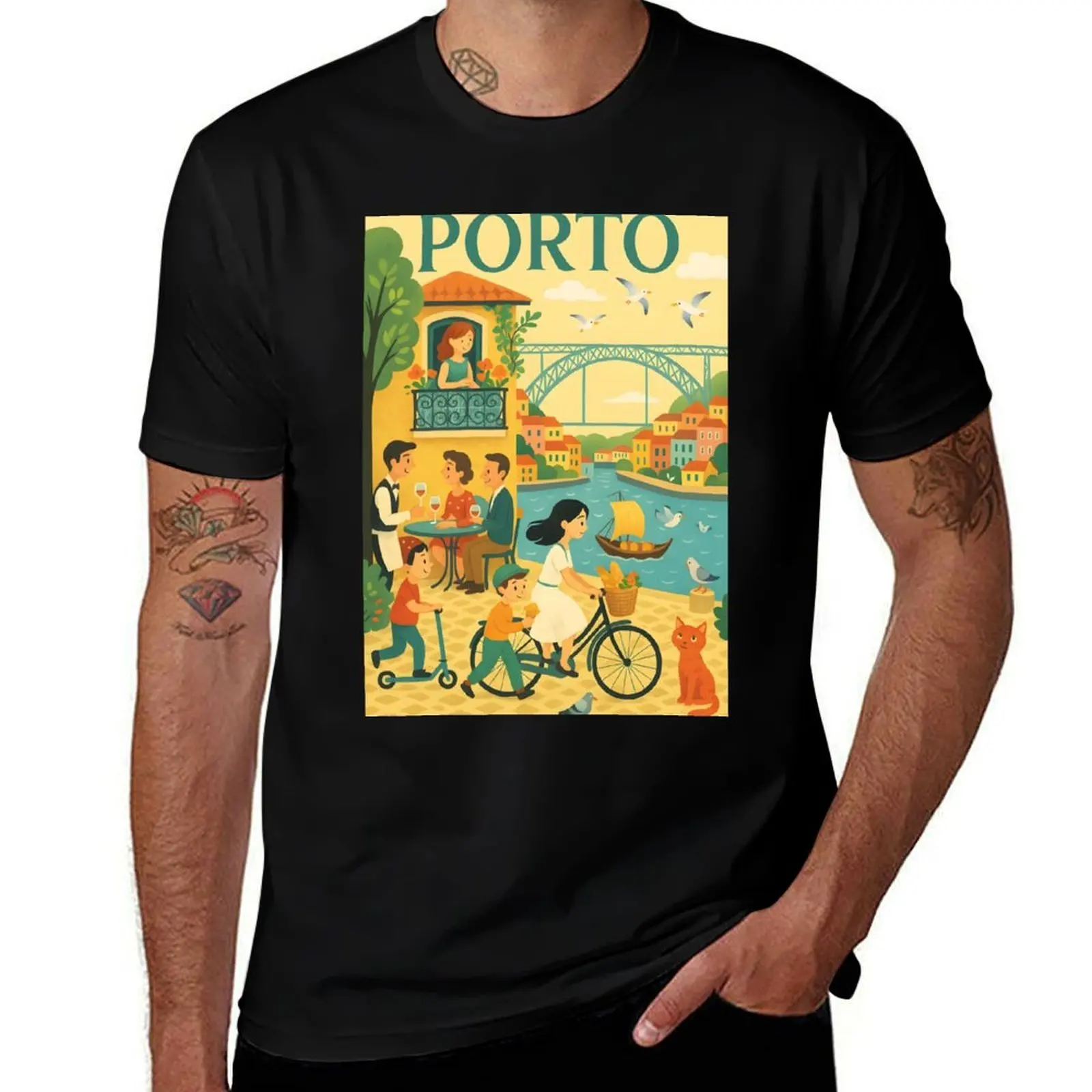 

Porto European City Art Print Portugal Travel Illustration T-Shirt anime clothes blue lock funny t shirts for men