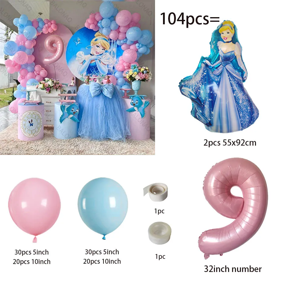 104pcs/Set Disney Princess Cinderella Balloon Garland Arch Kit Blue Pink Balloons Birthday Baby Shower Wedding Party Decoration