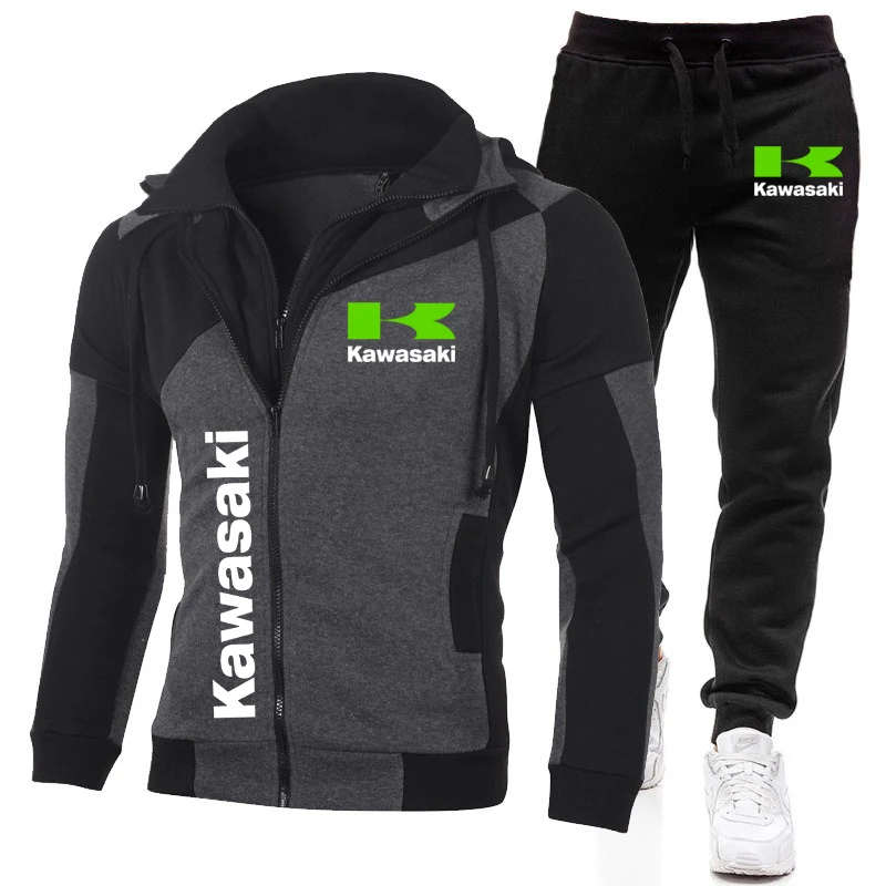 Kawasaki Logo Motorcycle Racing Team Men Zip Up Hoodie Pant Sets 2025 Fashion Male Zipper Sweatshirt Pants Suit Sport Coat Set