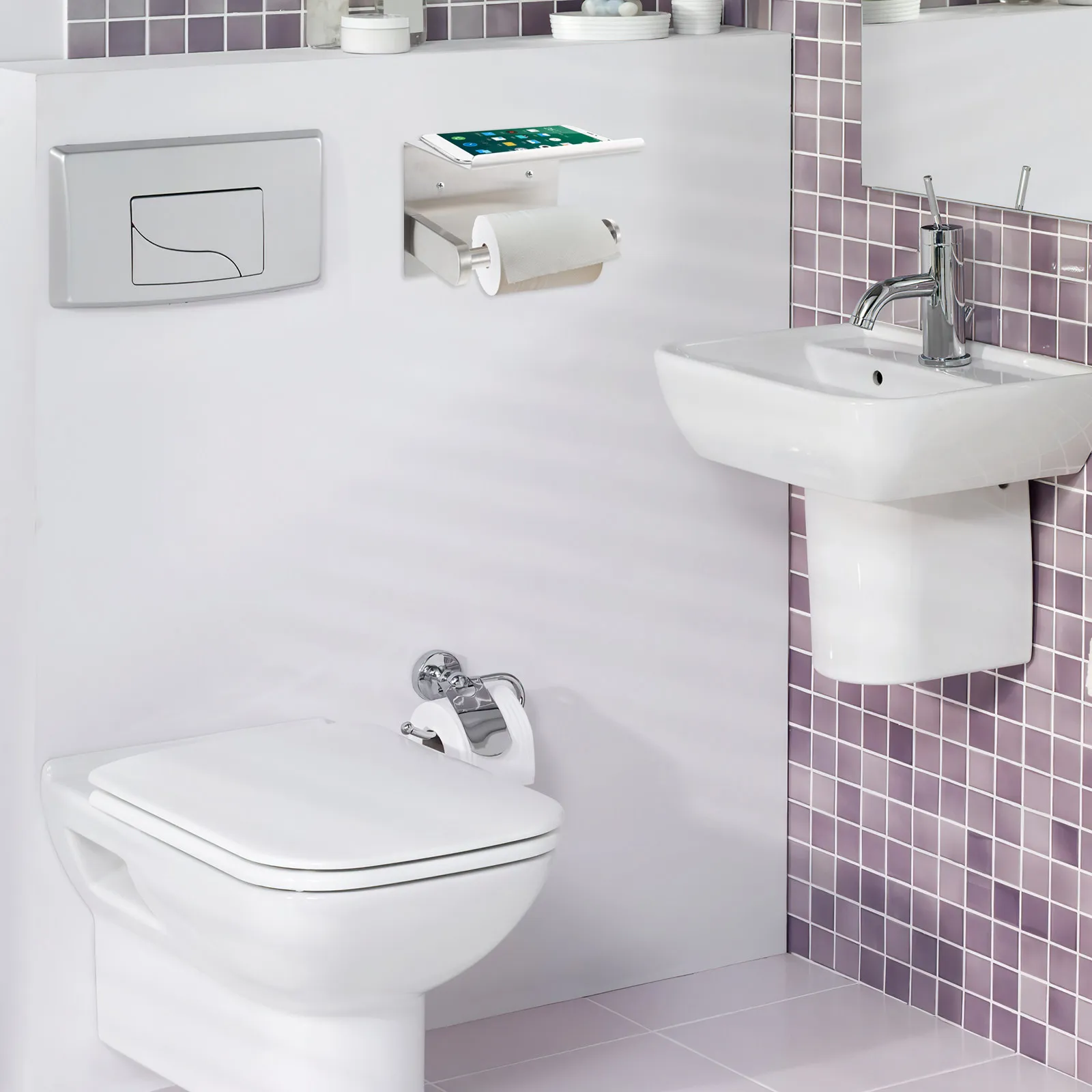 

Настенный держатель для туалетной бумаги из нержавеющей стали с утолщенной стойкой для рулона и встроенной полкой для хранения, водонепроницаемый, влагостойкий