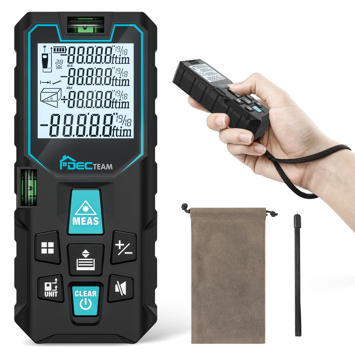 Лазерный дальномер Decteam, 100/120 м (/50/футов/м), несколько режимов измерения, M/in/Ft и датчик угла