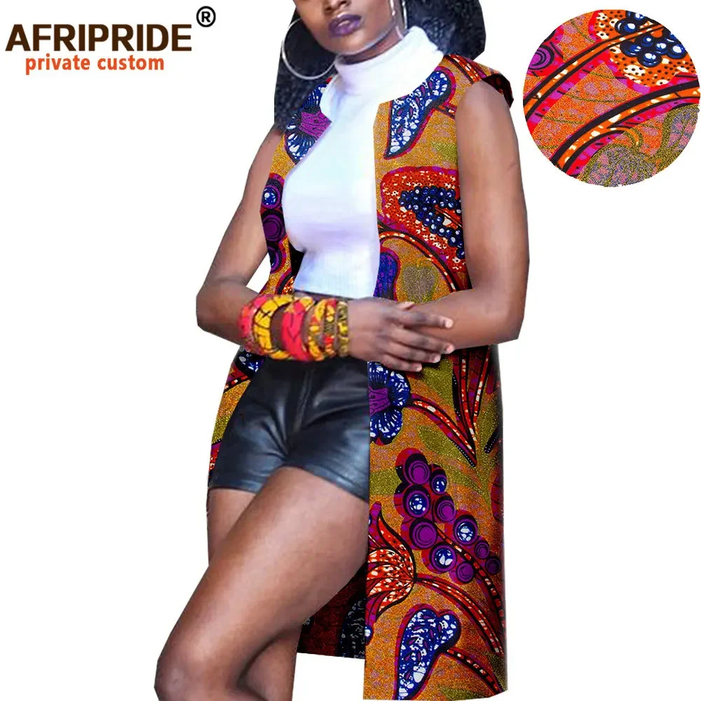 2024 African Clothes for Women Casual Coats Dashiki Ankara Jacket Sleeveless O-neck Knee Length Cotton Coat for Women A1824006