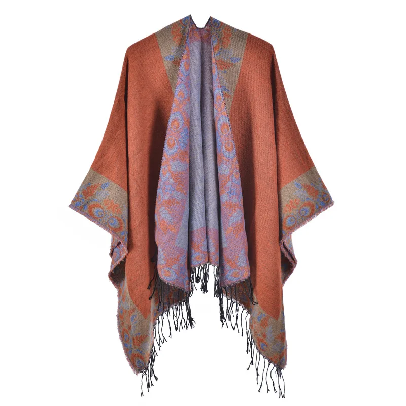 

2023 Poncho women's Shawl Travel Camping Photos for Warmth Wearing Imitation Cashmere Cardigan Women Cloaks Lady Capes Orange