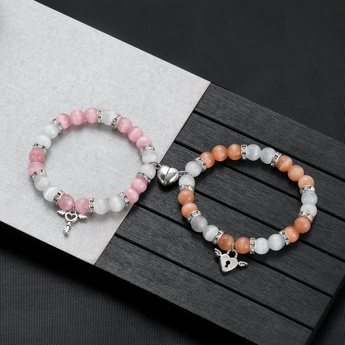 Cat Eye Bead Bracelet for Lovers Natural Stone Distance Heart Matching Attraction Elastic Bracelets Friendship Fashion Jewelry