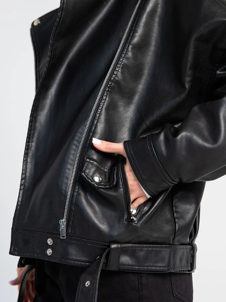 Ailegogo Spring Autumn Women Loose Moto Biker Faux Leather Jacket Streetwear Female Zipper Belt Coat Outwear