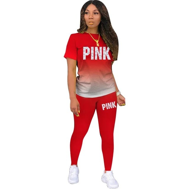 Summer Women Gradient Tracksuits Letter Printed T-shirt + Jogger Pants Two Piece Sets Fashion Casual Female Outfits S-3XL