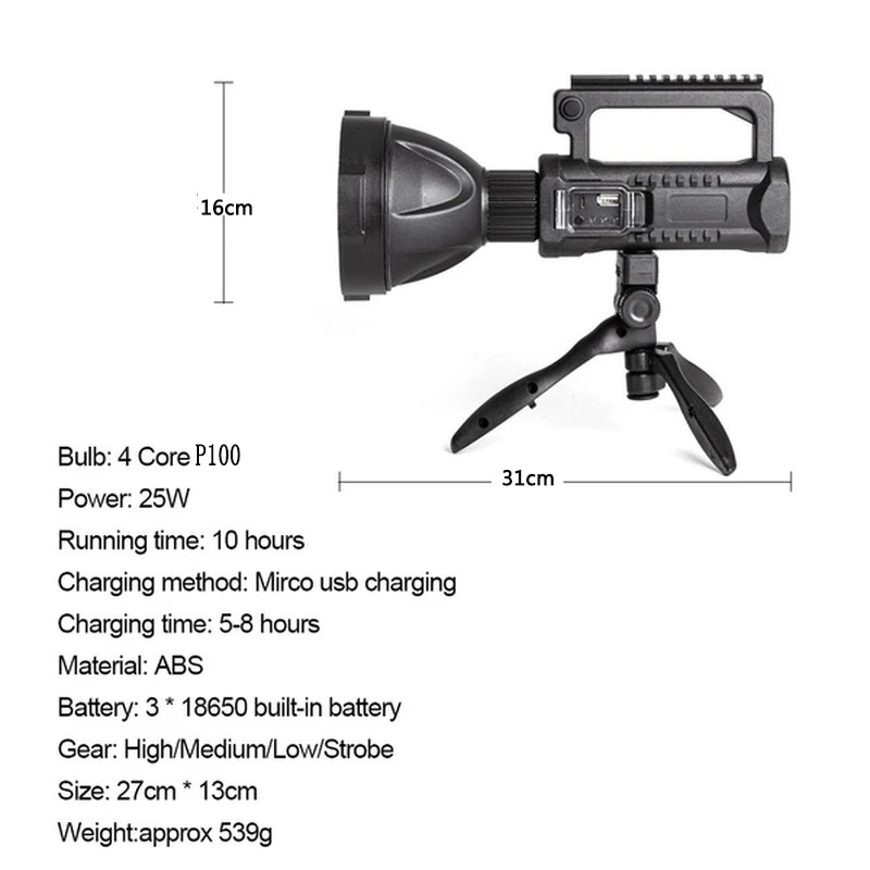 Portable Powerful LED Flashlight Mountable Bracket Handheld Searchlight USB Rechargeable Spotlight Waterproof Torch Light