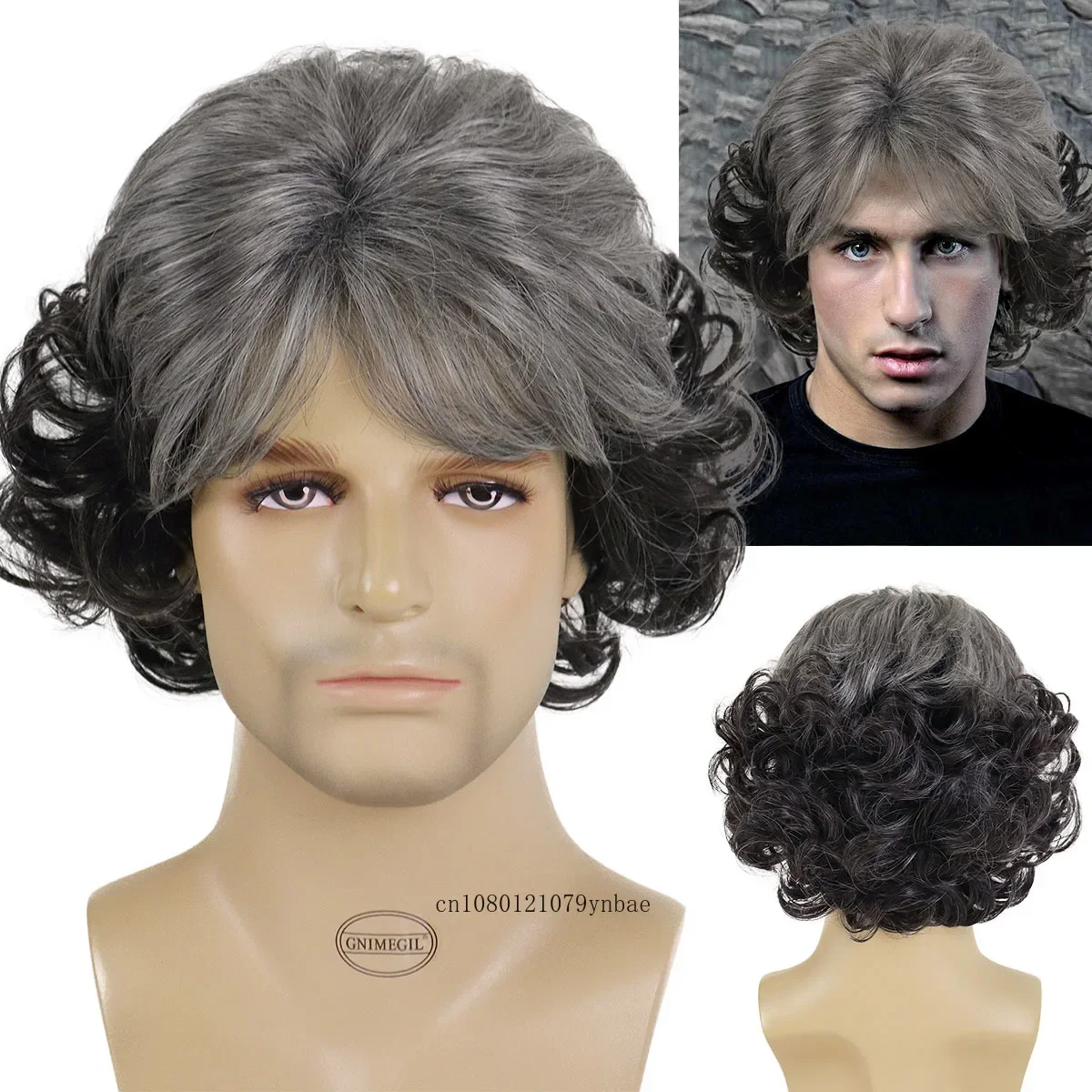 Synthetic Short Curly Wigs for Men Fluffy Ombre Grey Father Grandpa Wig with Bangs Natural Hairstyles Old Male Man Daily Cosplay