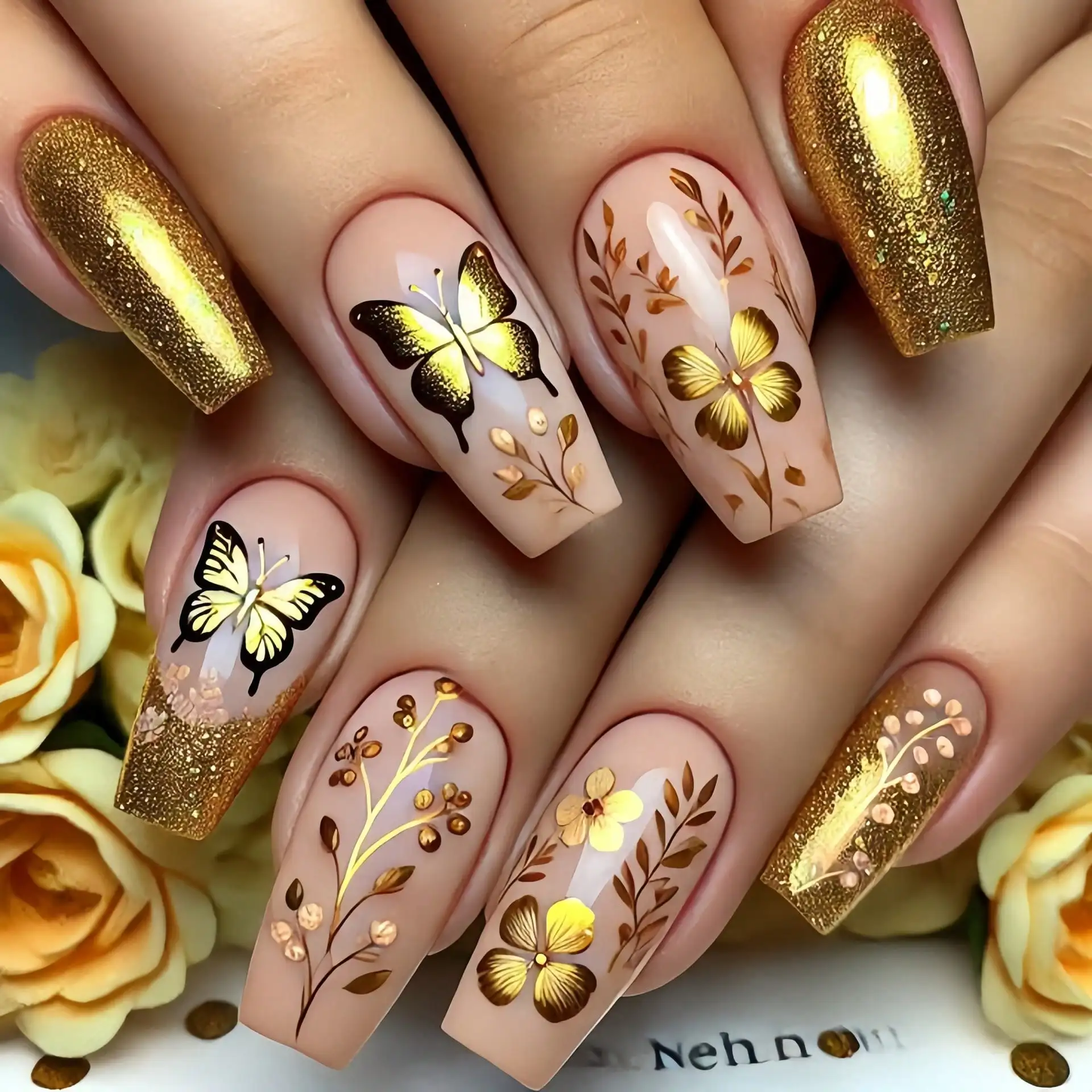 

Jelly Glue + Rubber StripMedium-Length Ballet Nails With Gold Flowers, Butterflies, And Glitter, Detachable 24-Piece Boxed Nail