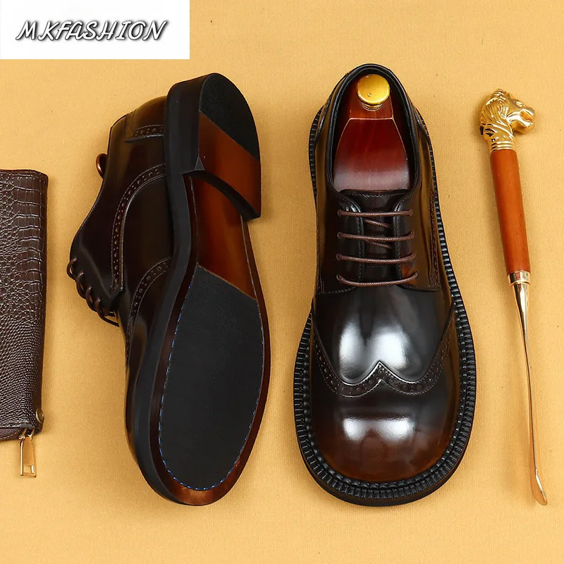 Men Business Casual Genuine Leather shoes big Round Toe Carved Block Shoes Male Footwear