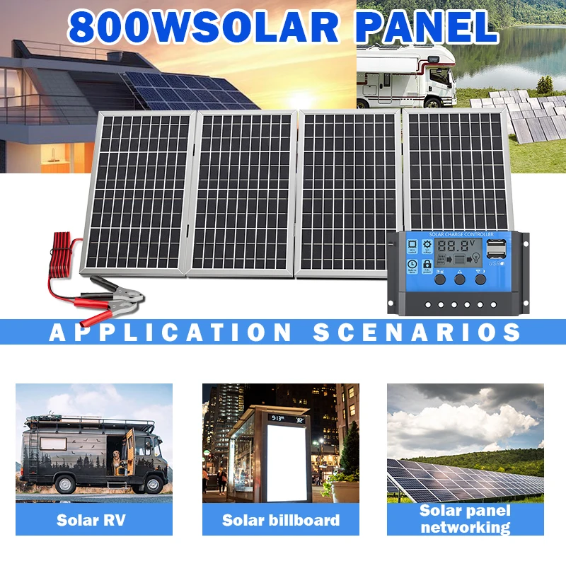 800W Foldable Solar Panel 12V High Efficiency - Portable Lightweight Power Supply for Camping Home Emergency Travel Off-Grid