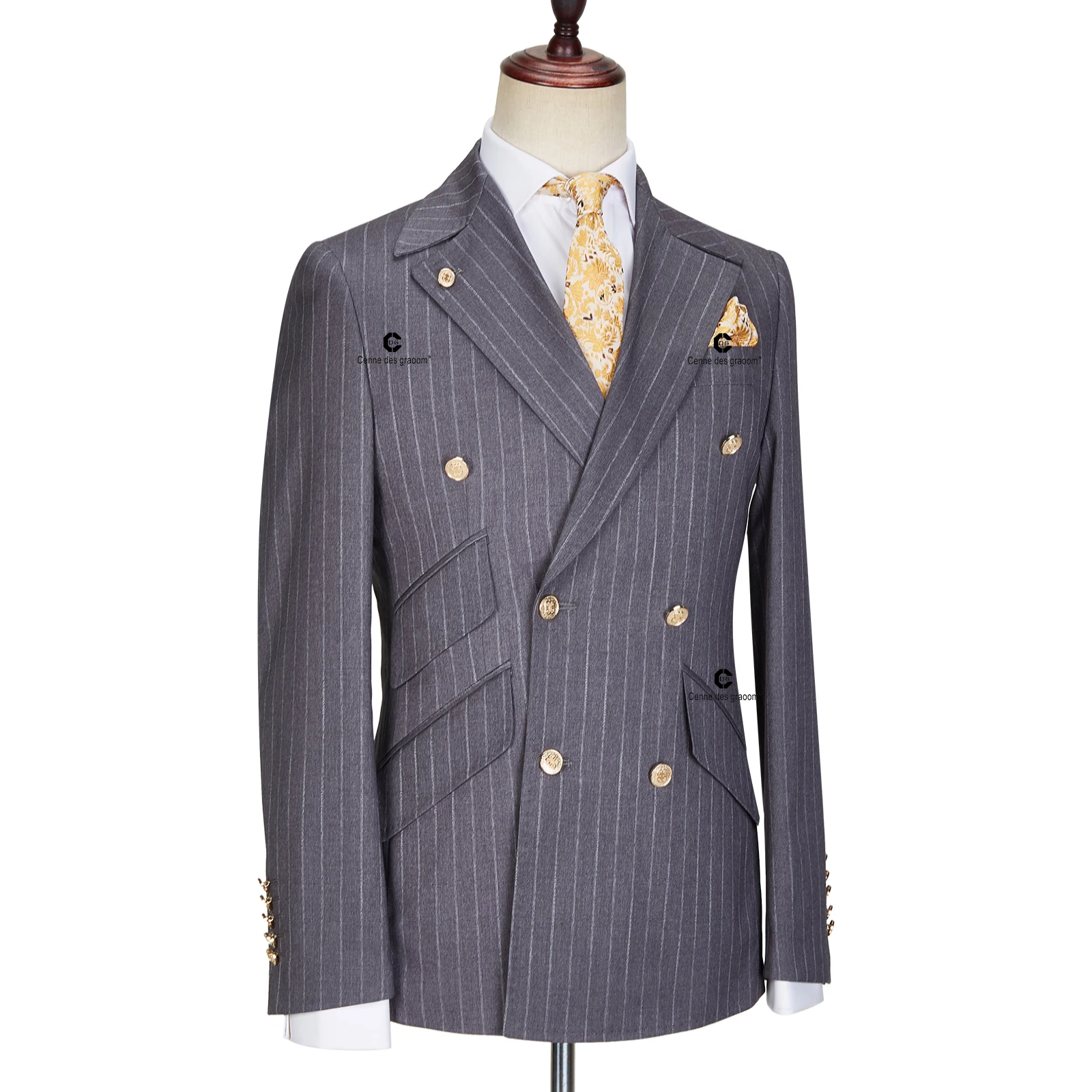 Cenne Des Graoom New Double Breasted Pinstripe Suits For Men Grey Blazer Pants 2 Piece With Golden Button Classic Wedding Groom