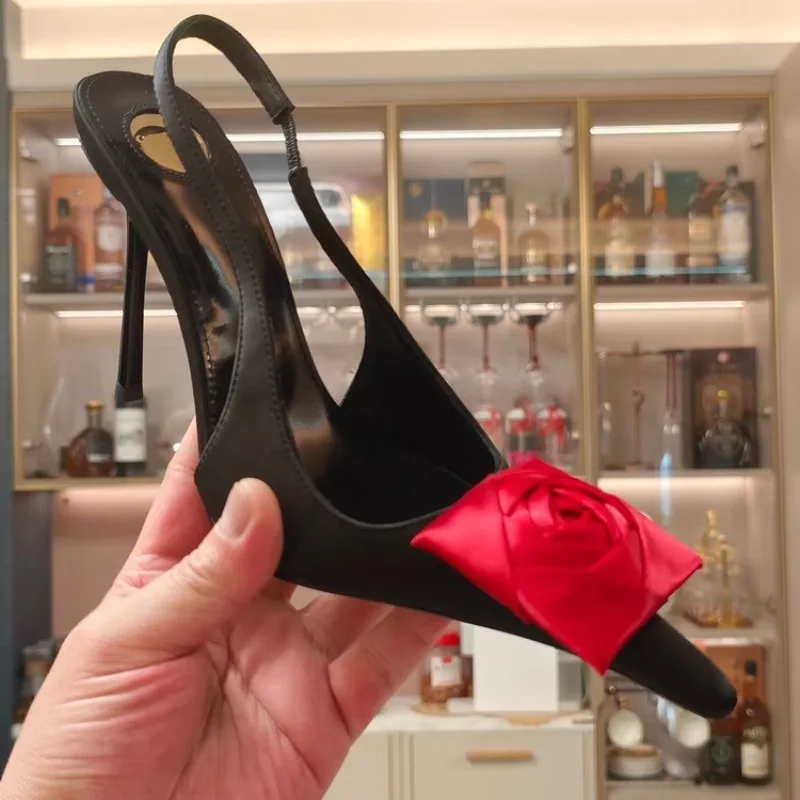 Wear Pointed Toe Super High Heels in Summer Women's Thin Heel Satin Flower Slip-on Wrapped-head Sandals