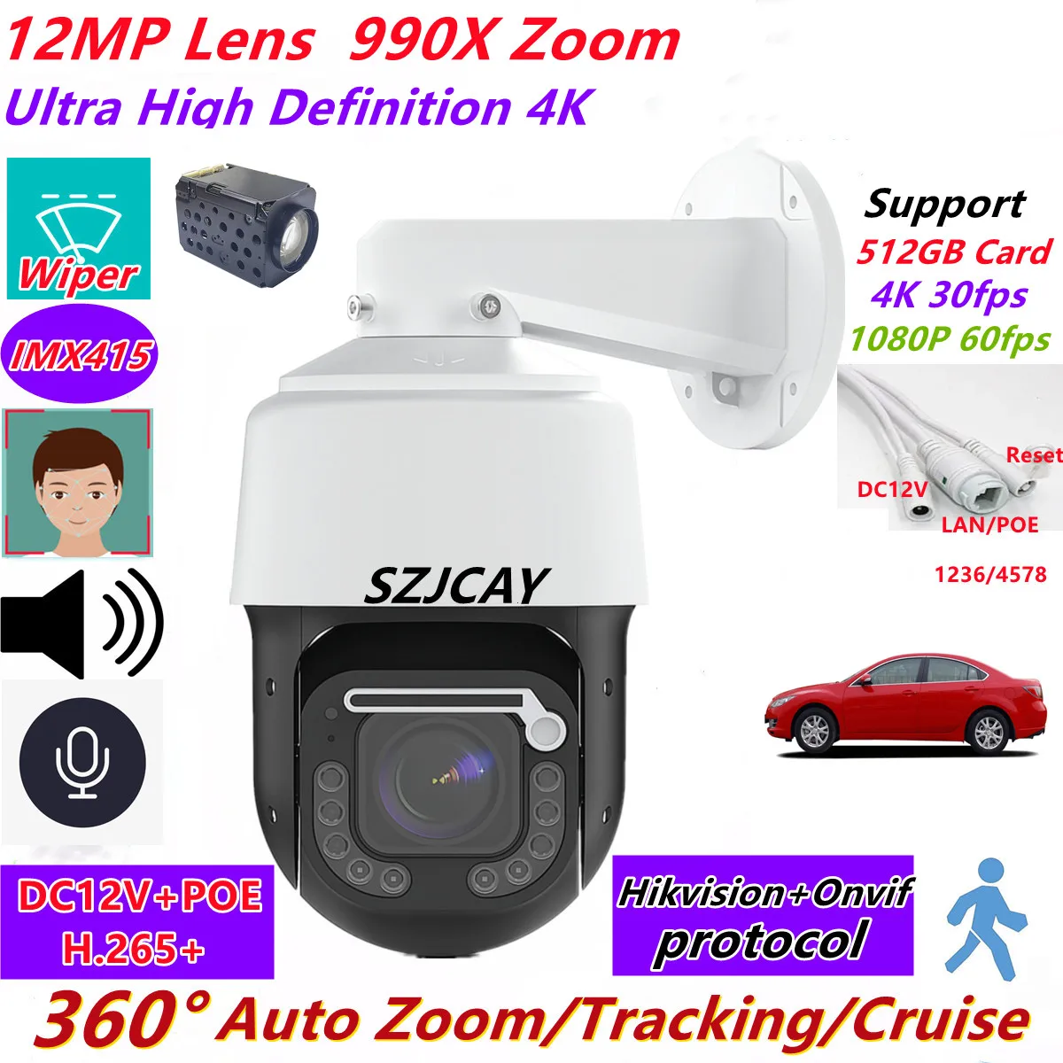 SZJCAY With Wiper 12MP 4K POE PTZ IP Camera Hikvision Protocol Auto Tracking Outdoor High Speed Dome PTZ 8mp Color Camera Da,hua