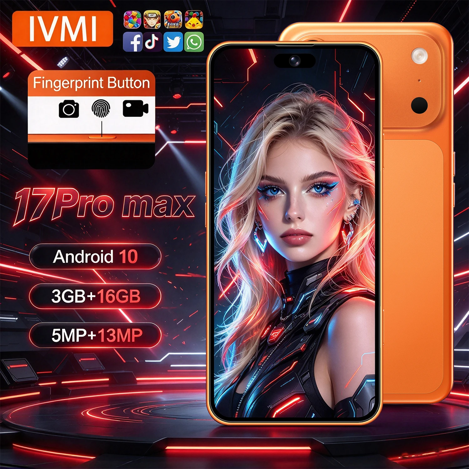 هاتف IVMI 17 Pro Max، نظام أندرويد 10، هاتف ذكي رخيص بشاشة 6.7 بوصة، ذاكرة 3+16 جيجابايت، يدعم شبكة الجيل الرابع 4G، شريحتين، بصمة إصبع، إصدار عالمي مفتوح
