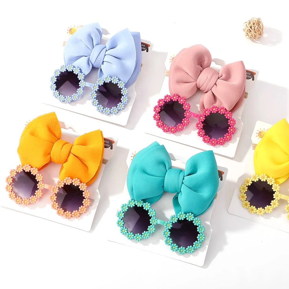 2Pcs/Set Baby Hair Accessories Kids Sunglasses Headband Child Girl Unglasses Elastic Nylon Headwear Bohemia Seaside Sun Glasses