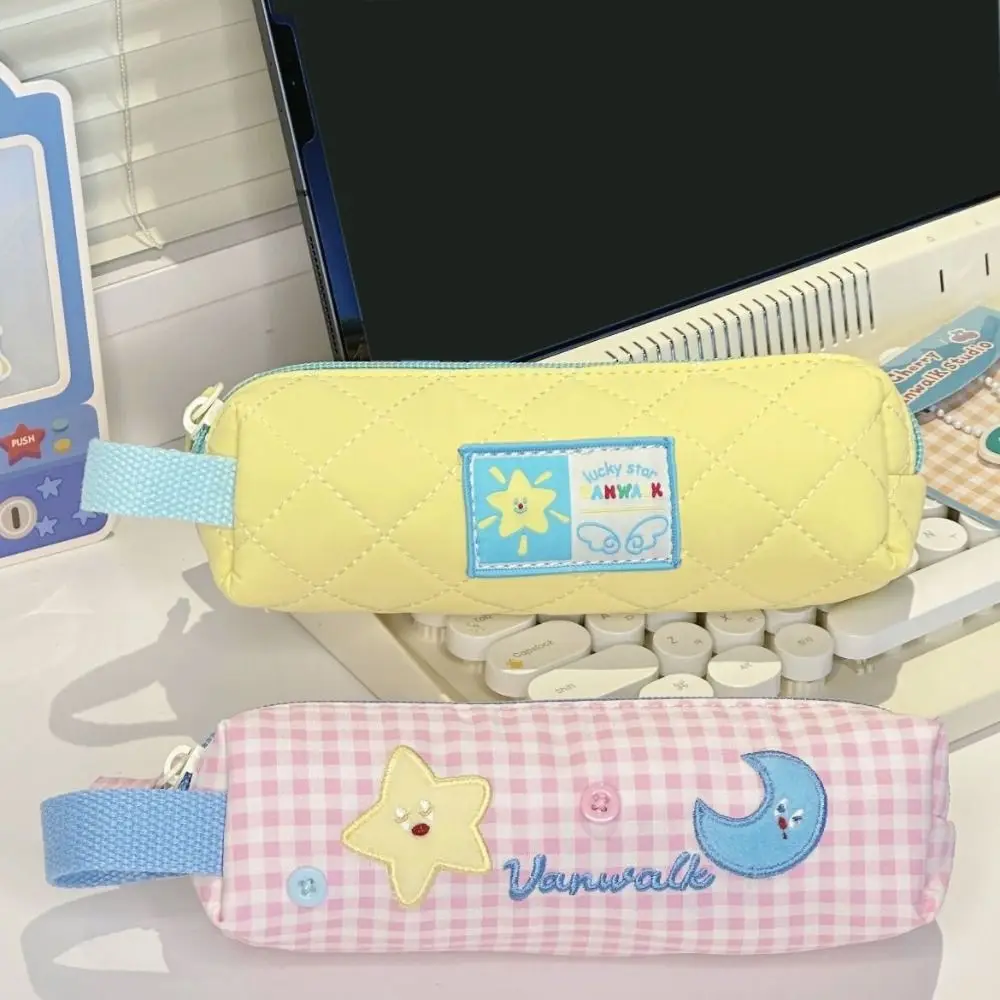 New Star Moon Pattern Pen Bag Handheld Zipper Design Pencil Case Canvas Large Capacity Pen Box School Office