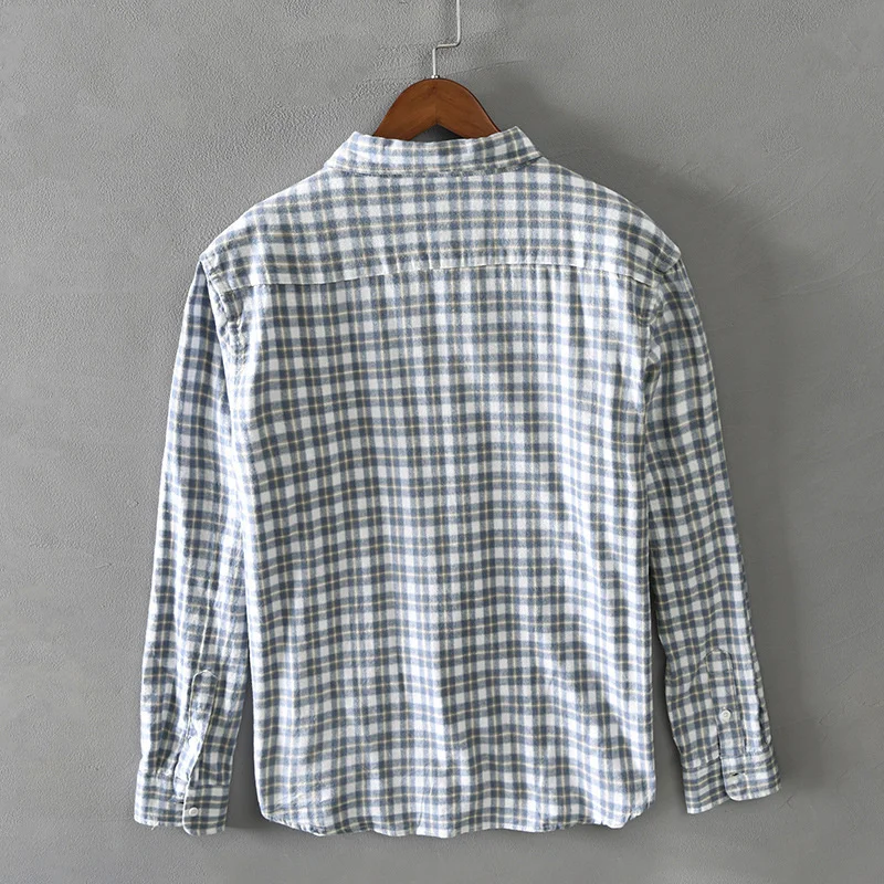 100% Cotton Shirts Grey Plaid Shirt For Men Korean 2022 Fall Casual Long Sleeve Pocket Tops Shirts