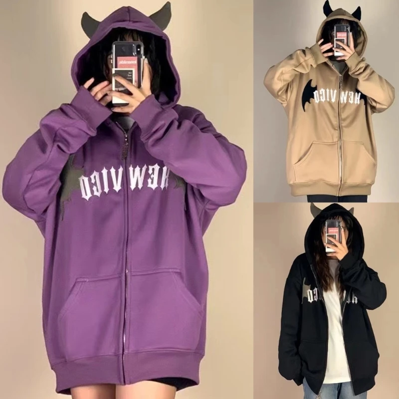 Stylish Womens Devil Horn Sweatshirt Long Sleeve Hoodie Zipper Tops
