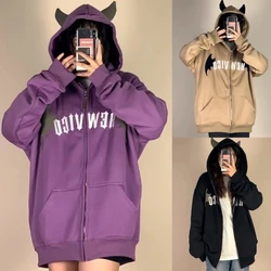 Stylish Womens Devil Horn Sweatshirt Long Sleeve Hoodie Zipper Tops