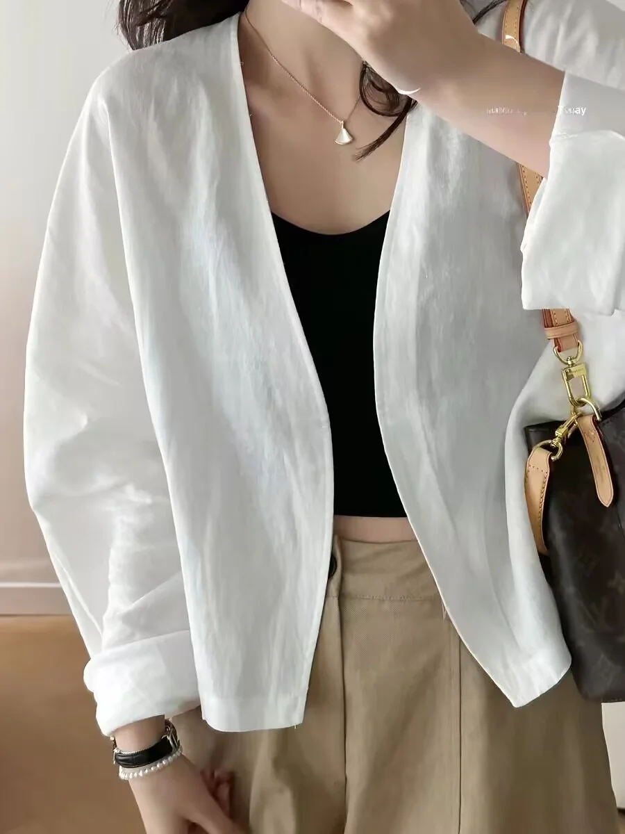 Lightweight Long Sleeve V-Neck Linen Women's Summer New Style Fashionable Breathable Outerwear Casual Commute Loose Fit Coat